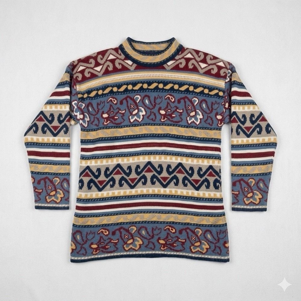 Vtg Southwestern Fair Isle Tunic Sweater Womens M Mock Neck Geometric Pattern